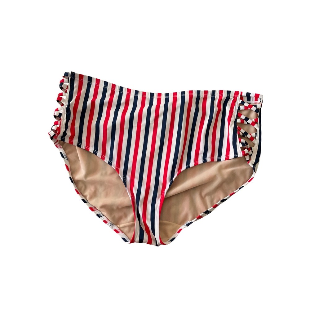 Swim by Cacique Red Navy White Striped High Waist Bikini Bottoms Strappy Side 18